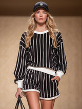 Black And White Striped Print Crew Neck Long-sleeved Top And Shorts Set