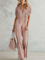 Retro Western-style Dusty Pink Faux Suede Fringe Jumpsuit