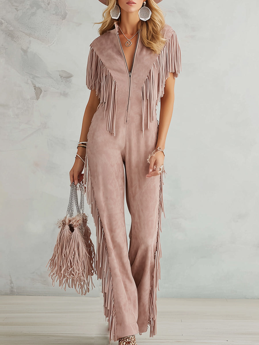 Retro Western-style Dusty Pink Faux Suede Fringe Jumpsuit