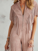 Retro Western-style Dusty Pink Faux Suede Fringe Jumpsuit