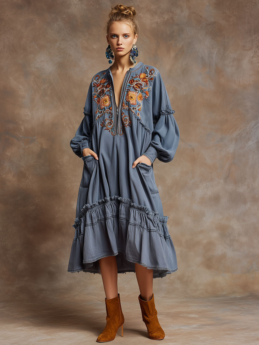 Vintage Half-zip Floral Embroidered Blue Denim Long-sleeved Ruffle Midi Dress