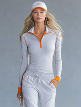 Fashionable Sporty Gray-blue Long-sleeved Half-zip Top And Trousers Set