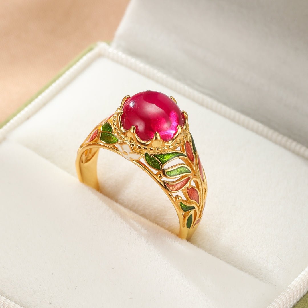 Bague Cornaline Feuillage Impérial – Argent Émaillé, Ajustable - Biloria