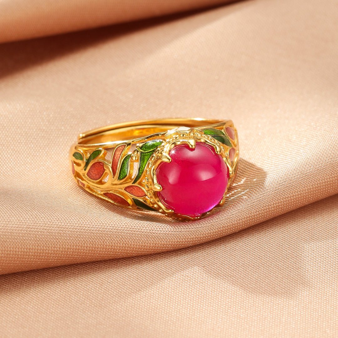Bague Cornaline Feuillage Impérial – Argent Émaillé, Ajustable - Biloria