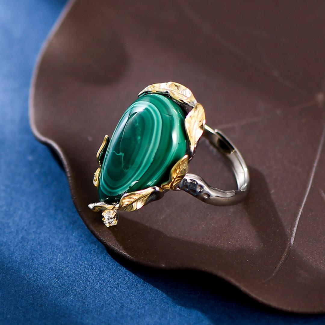 Bague Malachite Feuille de Chance Argent Plaqué Or Ajustable - Biloria