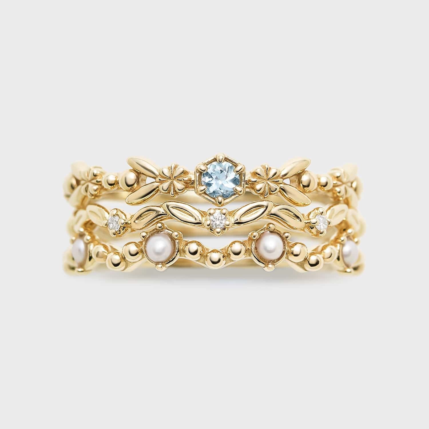 Bague Trio Aigue Marine Perle Zircon Sérénité - Biloria