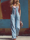 Casual Fashion Versatile Red Trim Front Zipper Light Blue Denim Jumpsuit Overalls