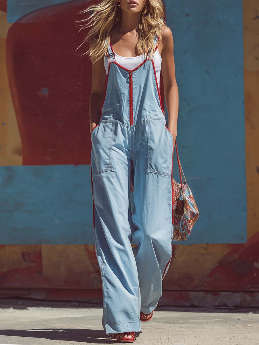 Casual Fashion Versatile Red Trim Front Zipper Light Blue Denim Jumpsuit Overalls