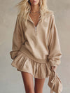 Elegant Retro Sporty Lapel Front-zip Bubble Hem Beige Washed Cotton Mini Dress