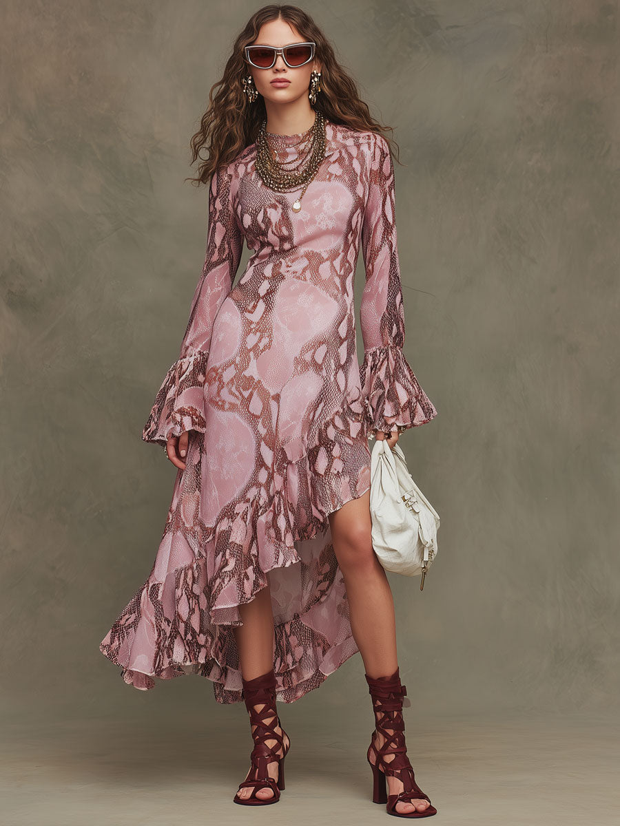 Retro Long-sleeved Pink Snakeskin Chiffon Ruffle Maxi Dress