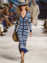 Stylish And Casual Button-down Blue Striped Knit Midi Dress
