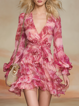 Relaxed And Elegant V-neck Printed Chiffon Mini Dress