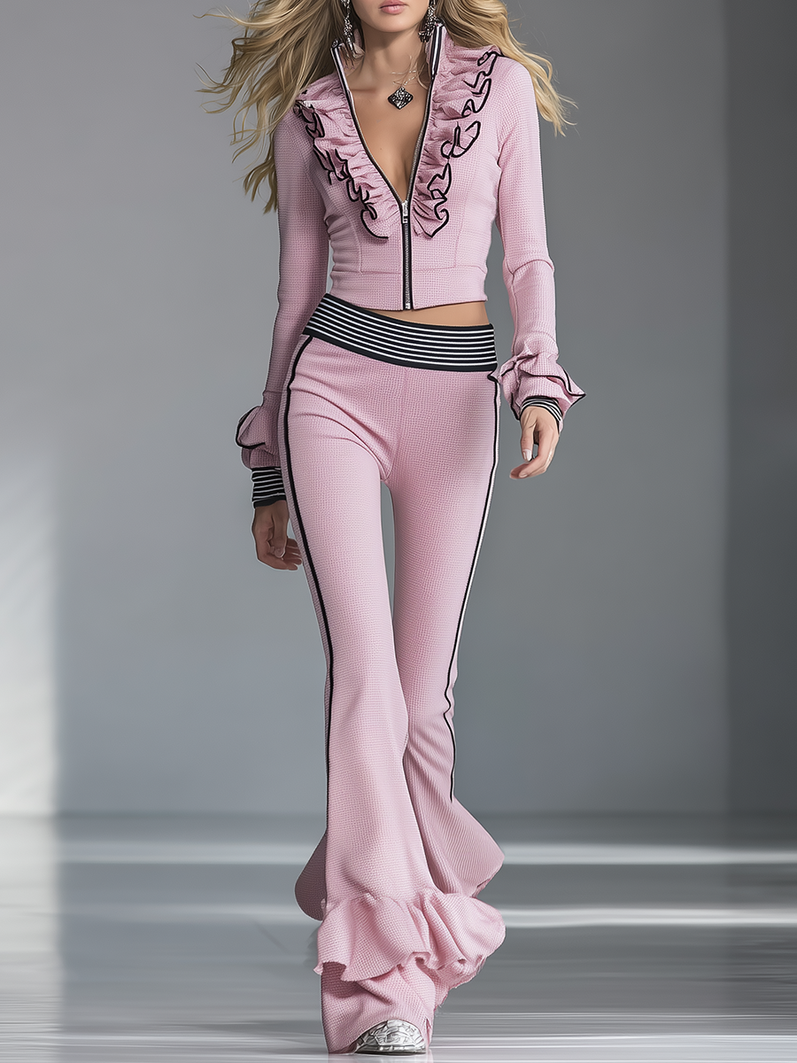 Elegant Sporty Black-trimmed Pink Flared Pants Set