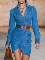 Western-style Blue DenimWith Irregular Design And Button Closure Mini Dress