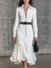 Elegant White Cotton And LinenWith Zipper And Ruffle Details Midi Dress