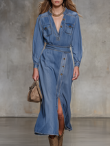 Retro V-neck Button-down Side-slit Denim Midi Dress