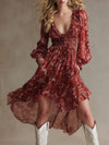 Retro-style Vacation Red Snakeskin Chiffon Long-sleeved Ruffle Midi Dress