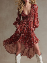 Retro-style Vacation Red Snakeskin Chiffon Long-sleeved Ruffle Midi Dress