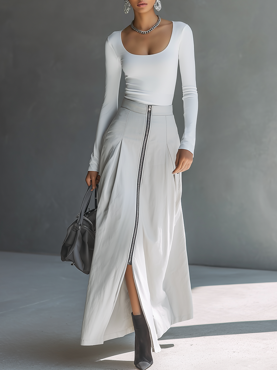 Sporty Retro-style Square-neck T-shirt And Long Skirt Set