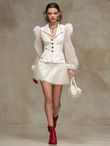 Fashionable Retro White Polka Dot Tulle Long-sleeved PU Suit Skirt Set