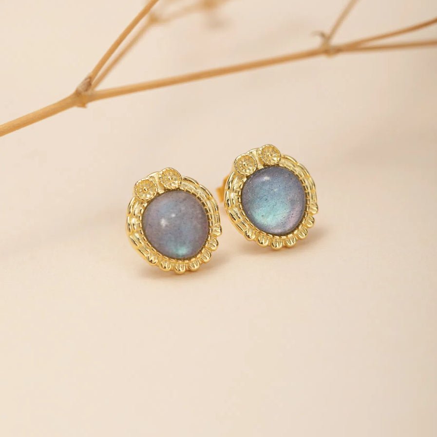 Boucles d'Oreilles Labradorite Hibou – Argent Plaqué Or - Biloria