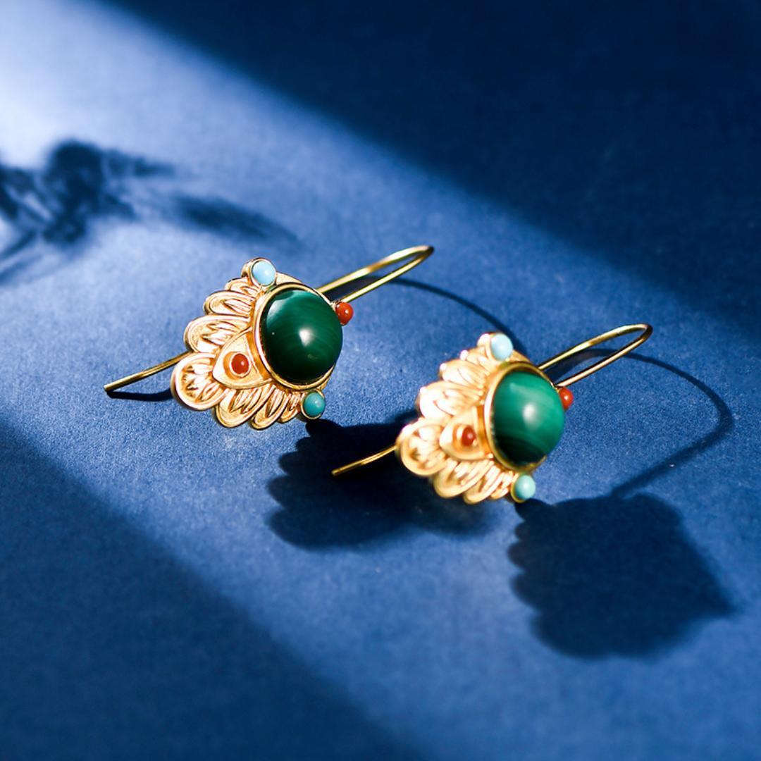 Boucles d'Oreilles Malachite Feuille Dorée – Argent Plaqué Or - Biloria