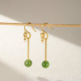 Boucles d'Oreilles Pendantes Jade et Perle, Harmonie Argent Plaqué Or - Biloria