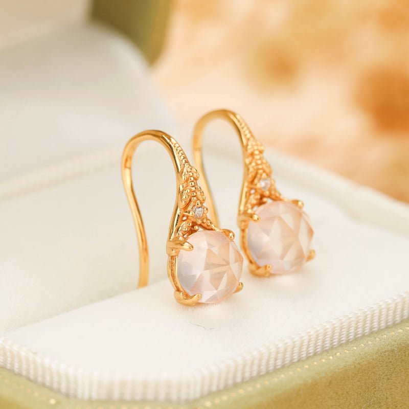 Boucles Oreilles Quartz Rose Argent Plaqué Or Floral - Biloria