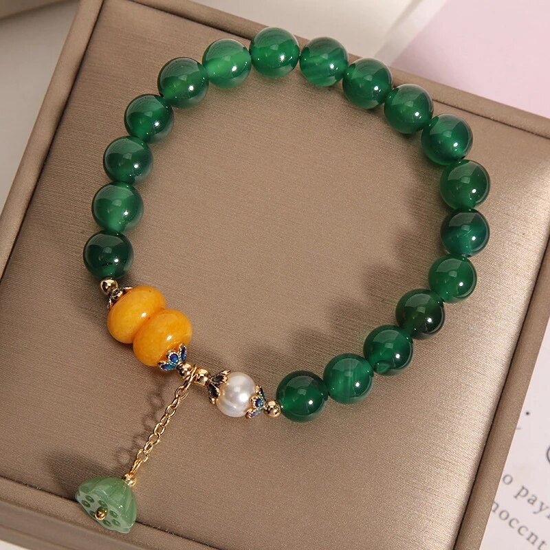 Bracelet Agate Verte Lotus - Décoration Naturel - Biloria
