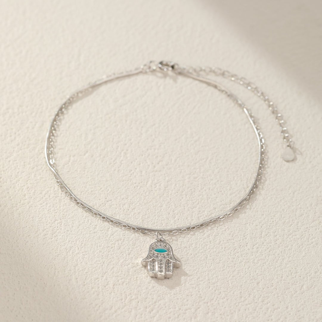 Bracelet Cheville Main de Fatma Argent 925 Protection Hamsa - Biloria