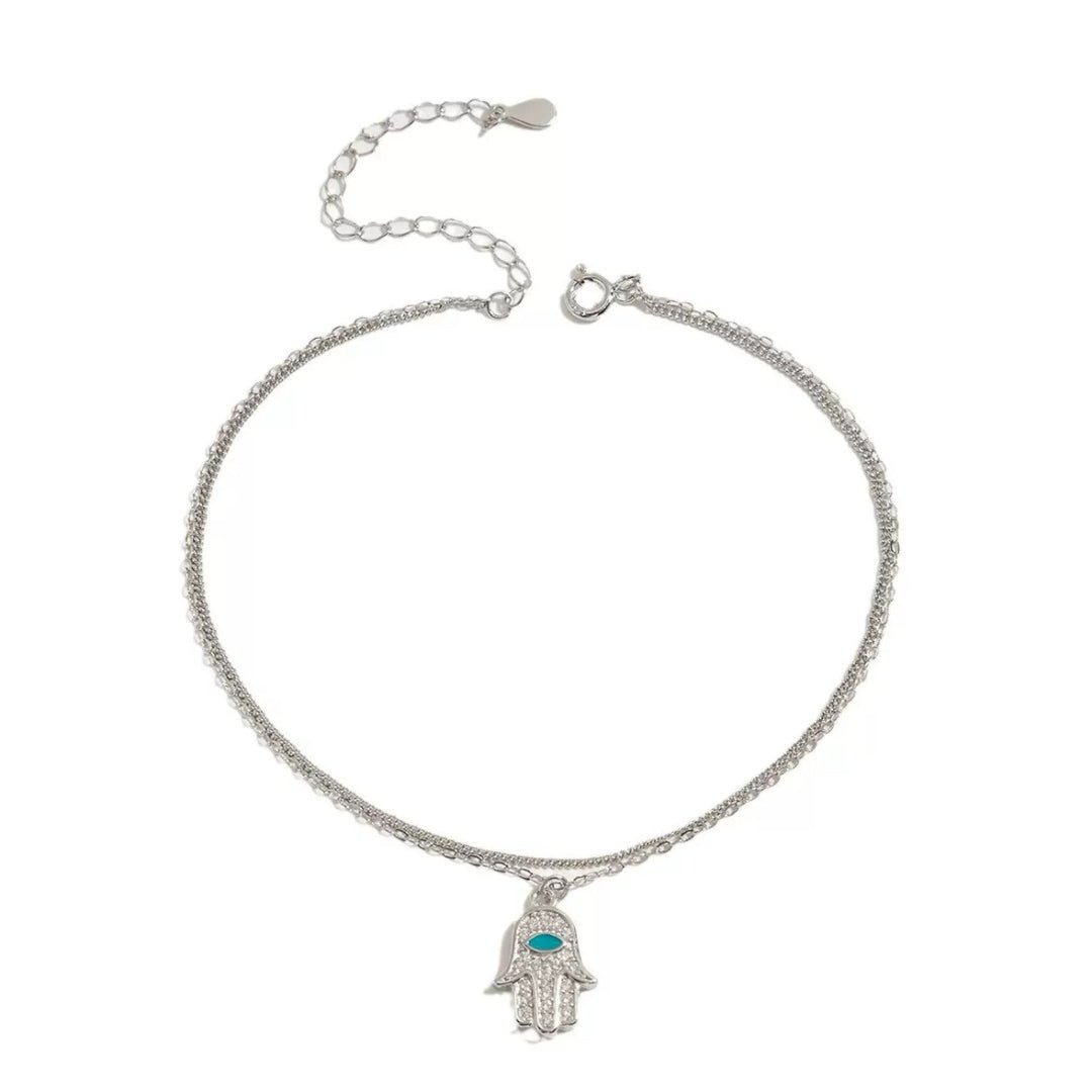 Bracelet Cheville Main de Fatma Argent 925 Protection Hamsa - Biloria