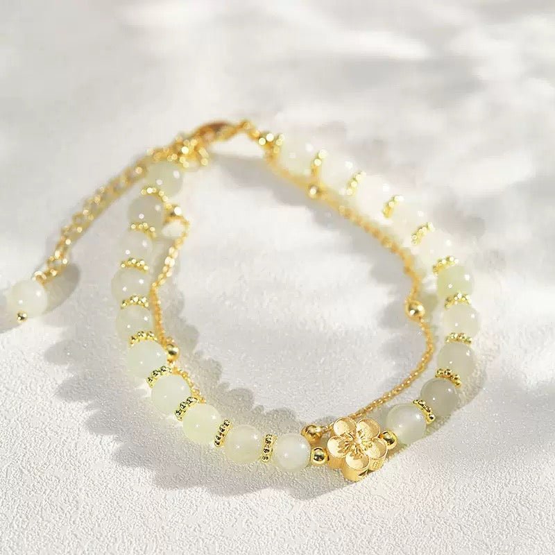 Bracelet en Jade et Fleur de Cerisier Ajustable - Biloria