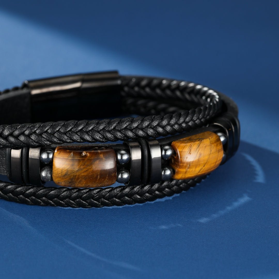 Bracelet Homme Cuir Œil de Tigre et Hématite – Cadeau Protecteur - Biloria