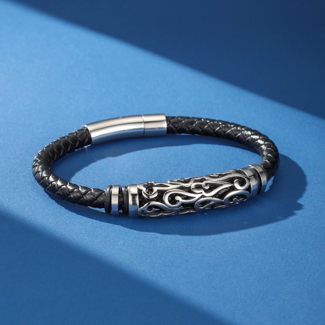 Bracelet Homme en Cuir Tressé avec Motif Tribal Argenté - Biloria