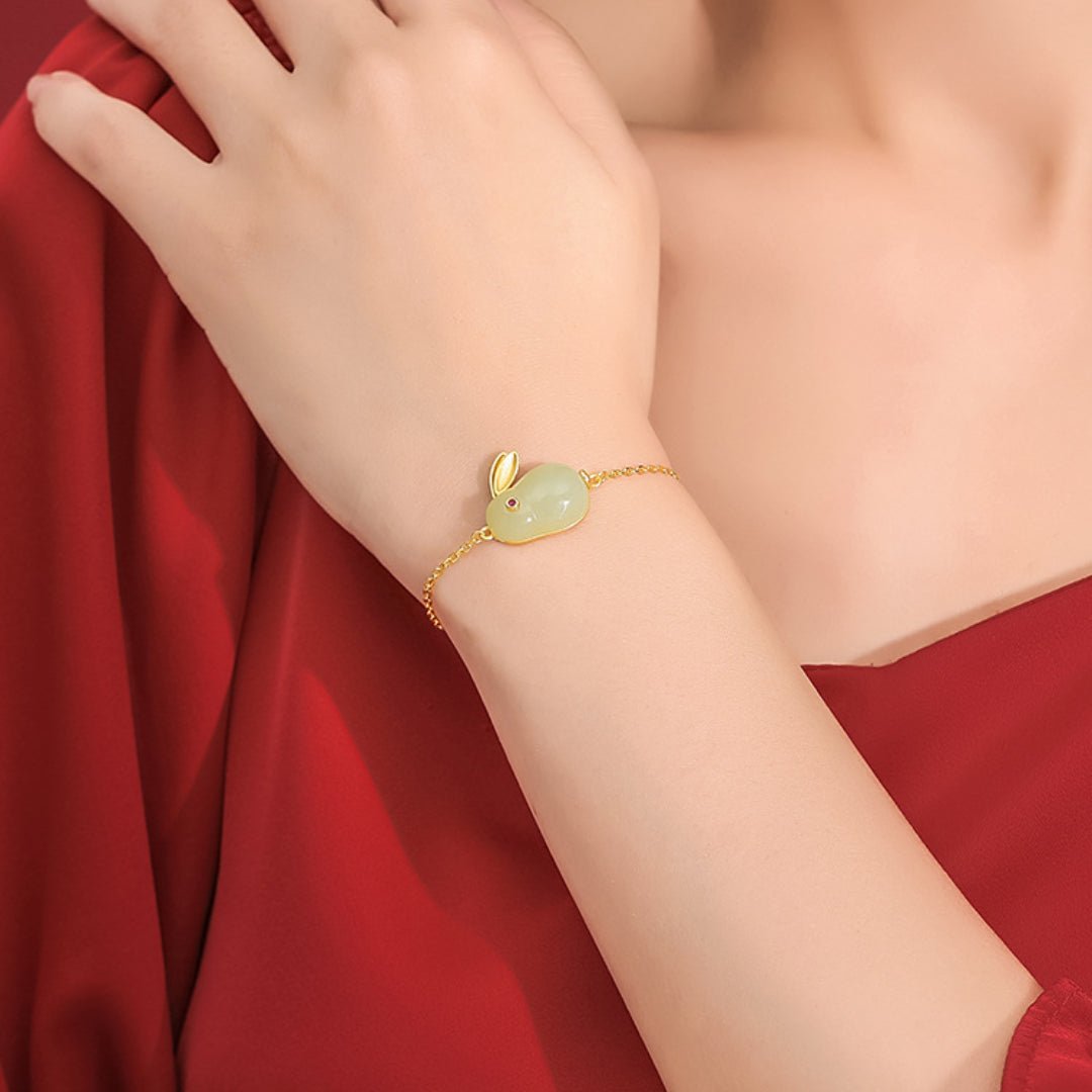 Bracelet Jade Lapin Argent Plaqué Or – Sagesse & Harmonie - Biloria