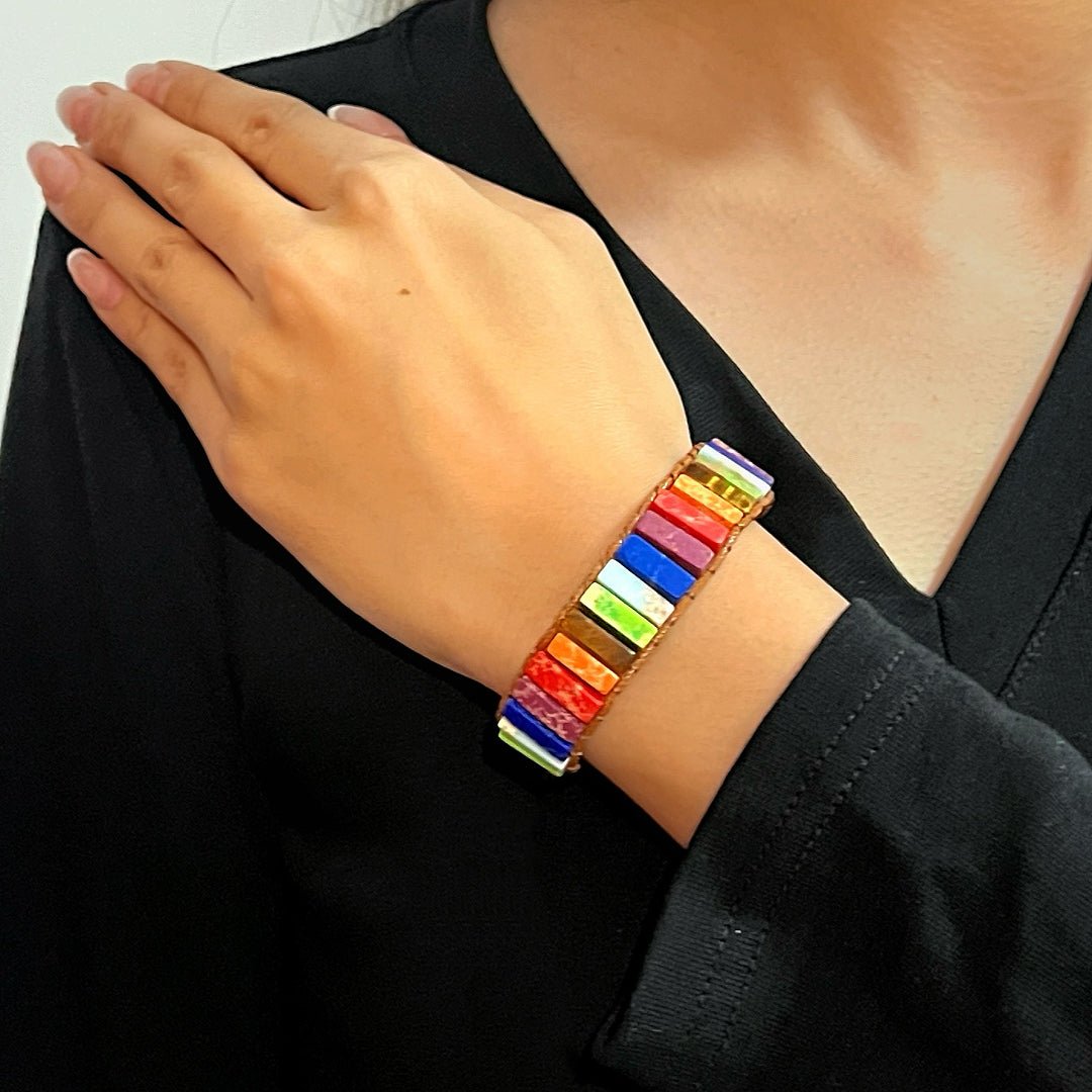 Bracelet Jaspe Chakras en Pierres Rectangulaires - Cadeau Bien-Être - Biloria