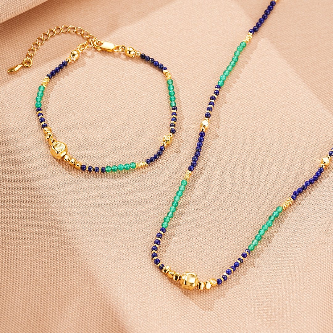 Bracelet Lapis-Lazuli et Jade Vert Main Protectrice Argent Plaqué Or - Biloria