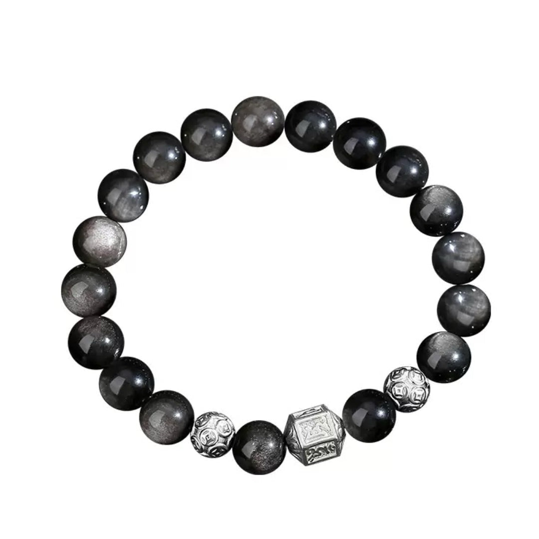 Bracelet Obsidienne Homme Argent Mantra Tibétain - Biloria