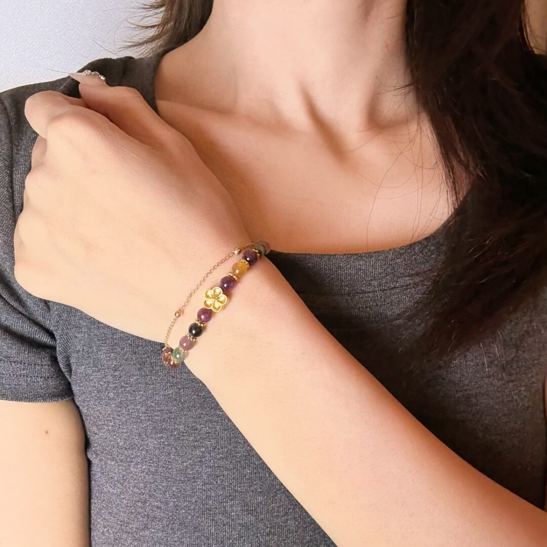 Bracelet Tourmaline et Sakura, Bijou Ajustable Protection - Biloria