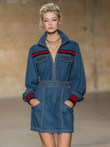Retro Style Stand-collar Zippered Multi-pocket Denim Long-sleeved Mini Dress