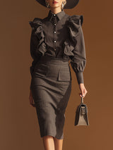 Urban Chic Grey Ruffled Blouse And Skirt Set