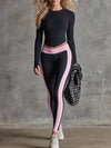 Elegant Fashion Sports Yoga Pink Trim Black High-stretch Knitted Top And Pants Set