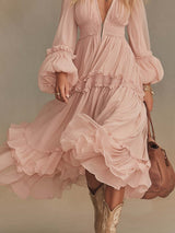 Elegant Flowing Western V-neck Front Zipper Puff Hem Lantern Sleeves Light Pink Chiffon Midi Dress