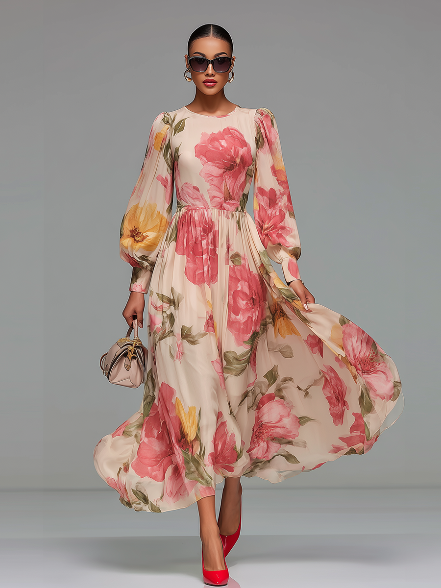Elegant And Charming Vintage Floral Print Chiffon Midi Dress
