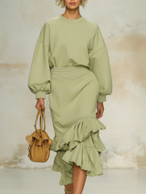 Comfortable And Casual Round-neck Long-sleeved Top And Ruffled Skirt Set