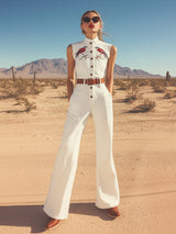 【24-hour shipping out】Retro Western Style Embroidered Stand Collar Sleeveless Wide Leg Jumpsuit