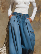 Retro Multi-pocket Wide-leg Cropped Denim Jeans
