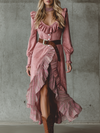 Western-style Ruffled Hem And Floral Print Pink Faux Suede Maxi Dress