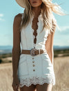 【24-hour shipping out】Retro Design White Belt Lace Trim Mini Dress