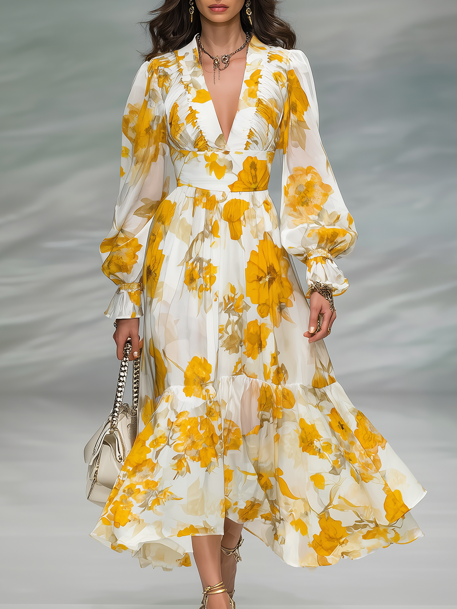 Charming And Elegant Vintage Floral Print Chiffon Midi Dress